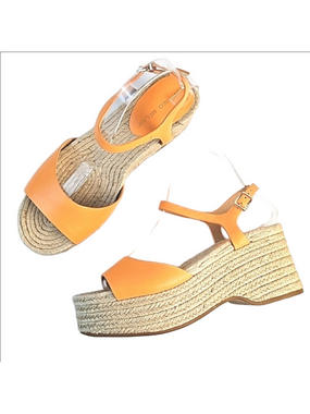 Antonio Melani Light Orange Leather Platform Wedge Ankle Strap Espadrill…